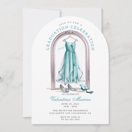 及びエレガントお洒落ティール（緑がかった色）ドレス卒業 招待状 (正面)