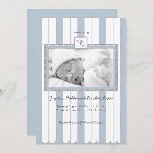 及びラッセル音のベビーの発表縞で飾ります: 青い 案内状 (正面/裏面)