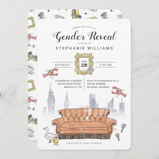 友だち™ | Central Perkジェンダーが赤ちゃんシャワーを明らかにする 招待状 (正面/裏面)