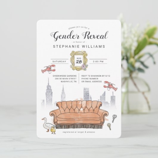 友だち™ | Central Perkジェンダーが赤ちゃんシャワーを明らかにする 招待状 (スタンド正面)