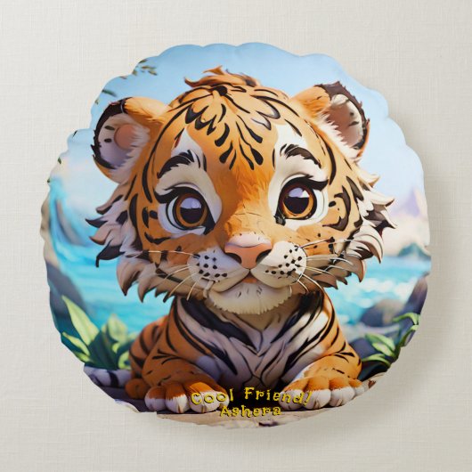 "友クール人ジャングルタイガー鮮やかオレンジフエ文字" ラウンドクッション (正面)