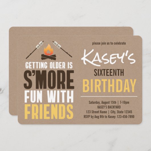 友人とのS'moreおもしろいBonfireバースデーパーティー 招待状 (正面/裏面)