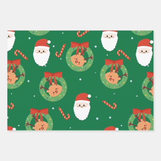 友人とキャンディーキャンを持つクリスマスサンタ ラッピングペーパーシート (正面)
