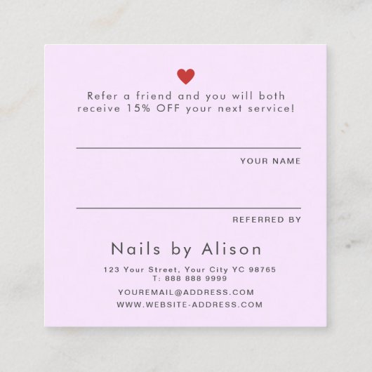 友人のピンクパープルのタイポグラフィを参照モダン 紹介カード (裏面)