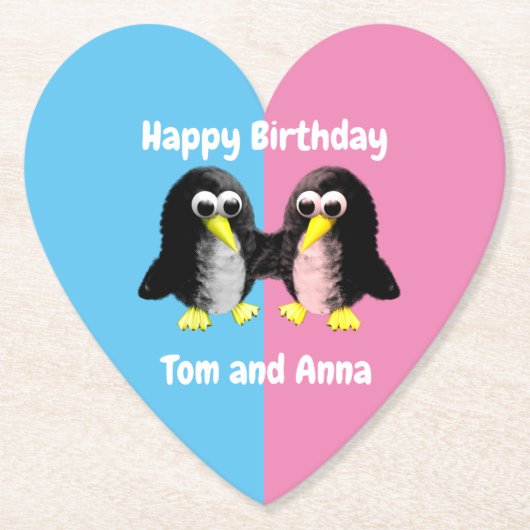 友人のペンギンパーソナライズされたは双子 ペーパーコースター (正面)