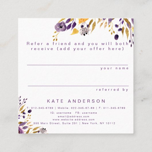 友人の紫色の花の紹介の顧客カードを参照して下さい スクエア名刺 (裏面)