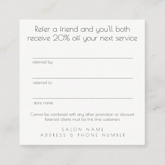 友人の紹介のサロンの顧客カード・セットを参照して下さい 紹介カード (裏面)