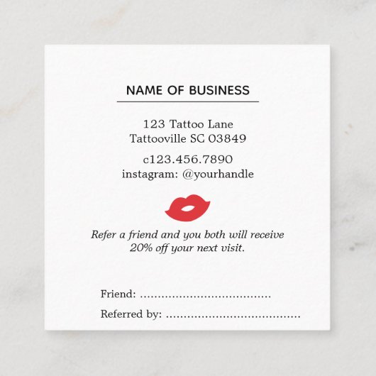 友人の紹介カードを赤い唇で参照 スクエア名刺 (裏面)