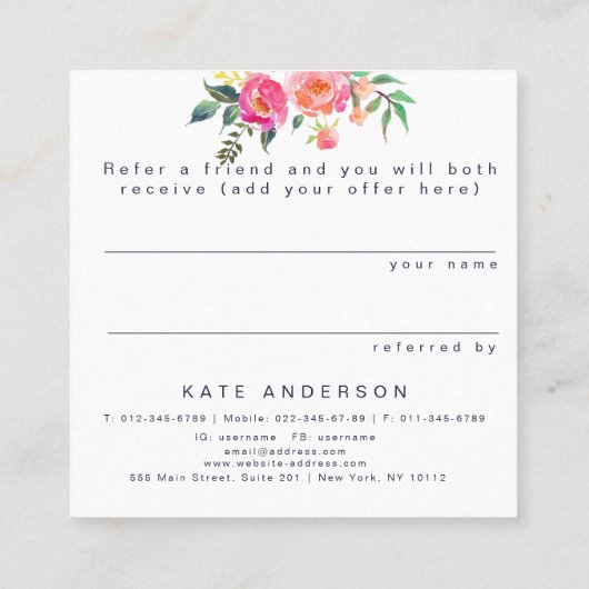 友人の花の紹介のサロンの顧客カードを参照して下さい スクエア名刺 (裏面)