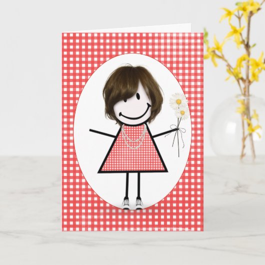 友人の誕生日スティックのフィギュアガールオンギンガム カード (黄色い花)