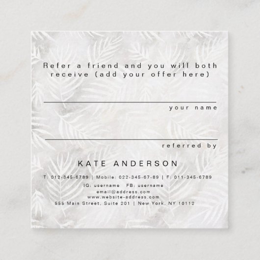 友人の銀のシュロの葉の紹介のサロンを参照して下さい スクエア名刺 (裏面)