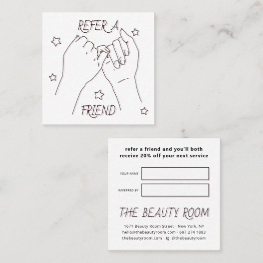 友人を参照するホワイトピンクかわいい手のイラストレーション 紹介カード (正面/裏面)