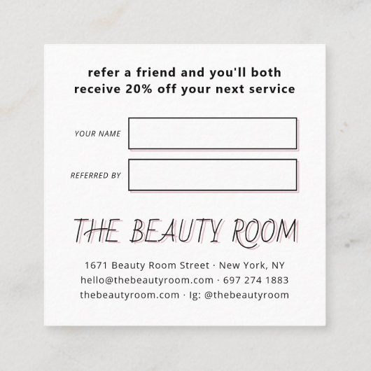 友人を参照するホワイトピンクかわいい手のイラストレーション 紹介カード (裏面)