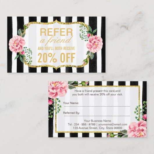 友人を参照する | ピンクのフローラストライプ金ゴールド紹介 紹介カード (正面/裏面)