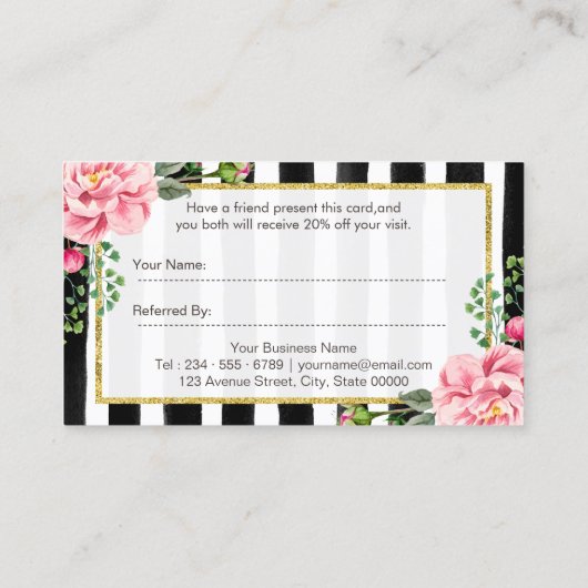 友人を参照する | ピンクのフローラストライプ金ゴールド紹介 紹介カード (裏面)
