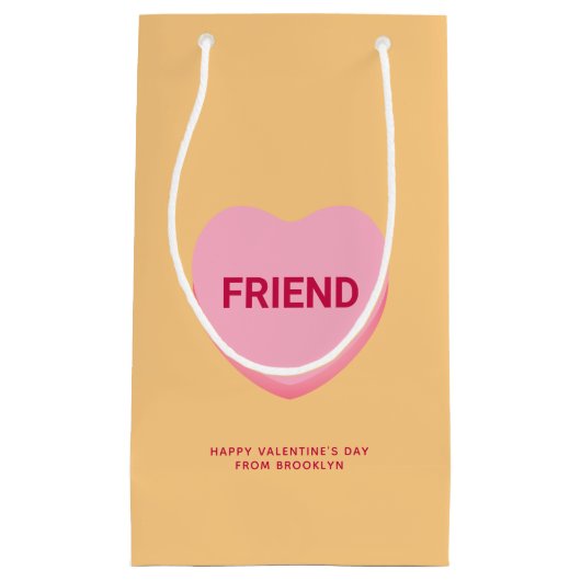 友人オレンジピンクの会話ハートバレンタイン スモールペーパーバッグ (正面)