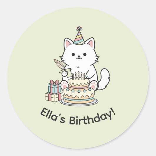 友好的な猫の誕生日お祝いケーキプレゼント ラウンドシール (正面)