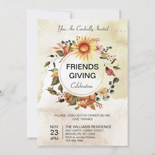 友情あふれるディナー感謝祭の秋のひまわり 招待状 (正面)
