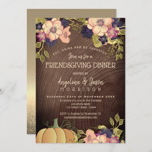 友情ある感謝祭のディナー 招待状 (正面/裏面)