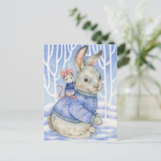 友情うさぎとマウスかわいいクリスマスカード シーズンポストカード (スタンド正面)
