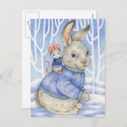 友情うさぎとマウスかわいいクリスマスカード シーズンポストカード (正面/裏面)