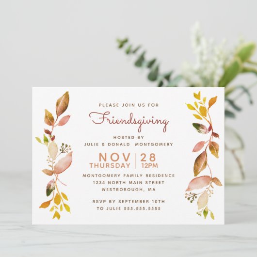 友情にあふれる水彩秋の植物葉 招待状 (スタンド正面)