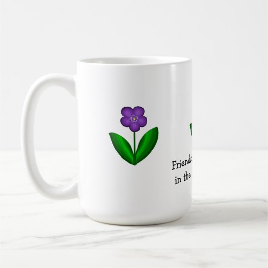 友情のメッセージとともに輝く春の紫の花 コーヒーマグカップ (左)