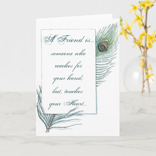 友情の引用文の感動的な孔雀の羽 カード (黄色い花)