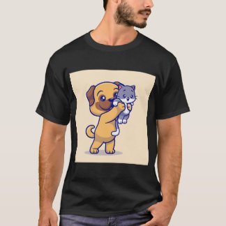 友情の足跡: かわいいパグと子猫のキャラクター Tシャツ