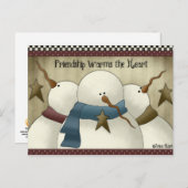 友情はハートの雪だるまの郵便はがきを暖めます シーズンポストカード (正面/裏面)