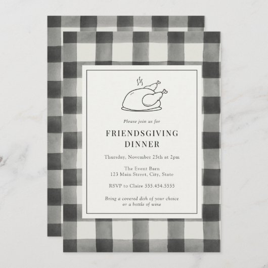 友情を与えるディナーブラックバッファロープレイド 招待状 (正面/裏面)