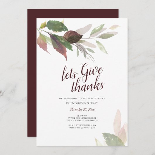 友情を育む感謝祭の水彩紅葉 招待状 (正面/裏面)
