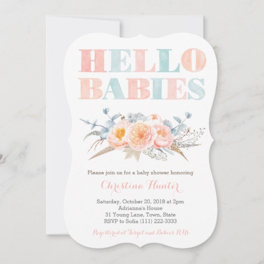 友愛の男の子の双子ゲンダーレスベビーシャワー 招待状 (正面)