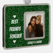 友最高の人カスタムの写真と名前グリーングリッター シルバープレートフレームオーナメント (右)
