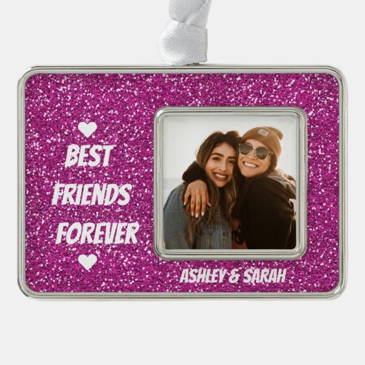 友最高の人カスタムの写真と名前ピンクのグリッター シルバープレートフレームオーナメント (正面)
