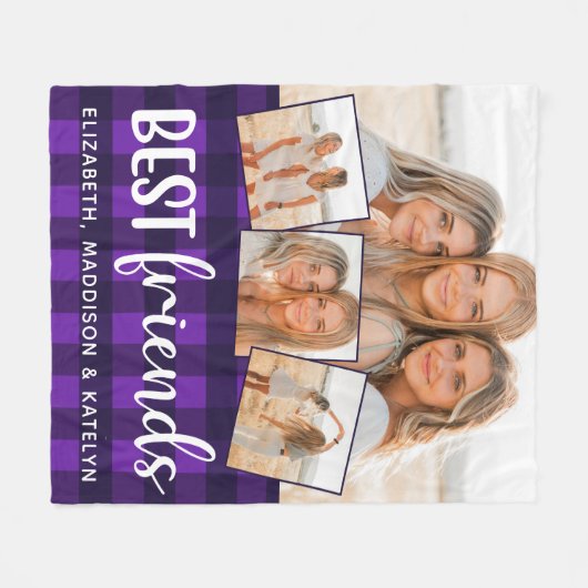 友最高の人4フォトコラージュトレンディー紫のプレイド フリースブランケット (正面(横))