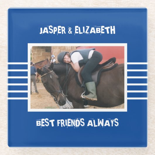 友最高の達は常に馬の写真深い青 ガラスコースター (正面)