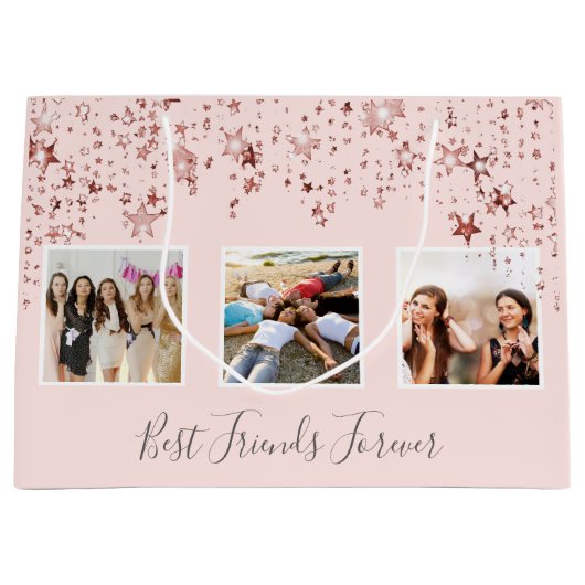 友最高の達フォトバラ金ゴールドピンク星の誕生日 ラージペーパーバッグ (正面)