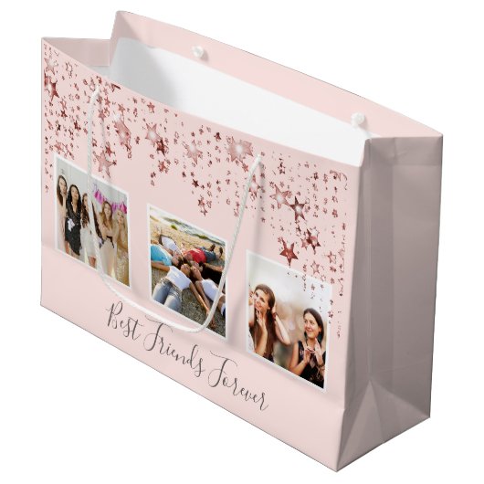 友最高の達フォトバラ金ゴールドピンク星の誕生日 ラージペーパーバッグ (正面アングル)