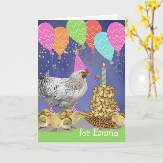 友達おもしろいの鶏の誕生日名前の追加 カード (黄色い花)