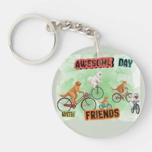 友達との素晴らしい日 - 自転車に乗った犬と猫 キーホルダー (正面)