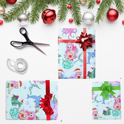 友達とクリスマスを祝う人魚 ラッピングペーパー