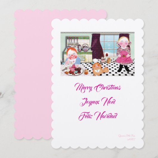 友達と一緒にクリスマスの料理をするイラスト 招待状 (正面/裏面)