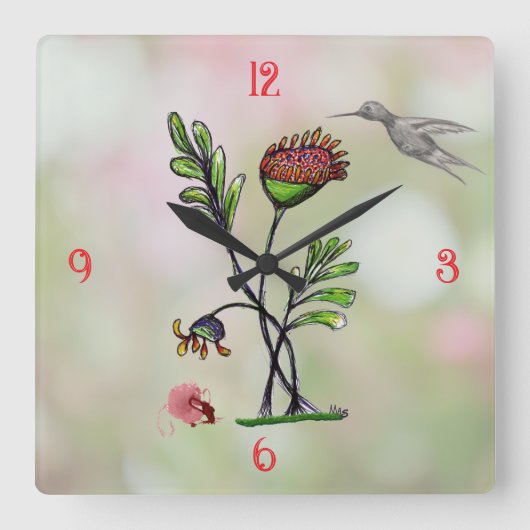友達と波打つ植物 スクエア壁時計 (正面)
