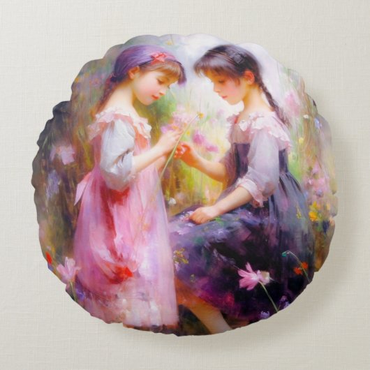 友達と花 ラウンドクッション (正面)