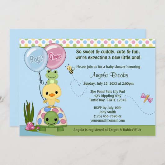 友達のアヒルのベビーシャワーの招待状のカエル#2を池にして下さい 招待状 (正面/裏面)