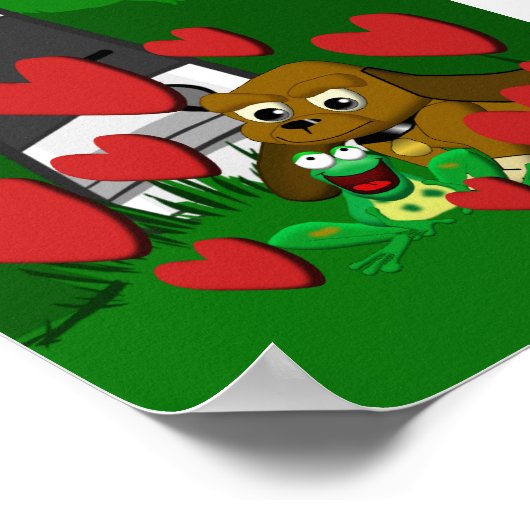 友達の漫画のビーグル犬とカエルとハート ポスター (角)