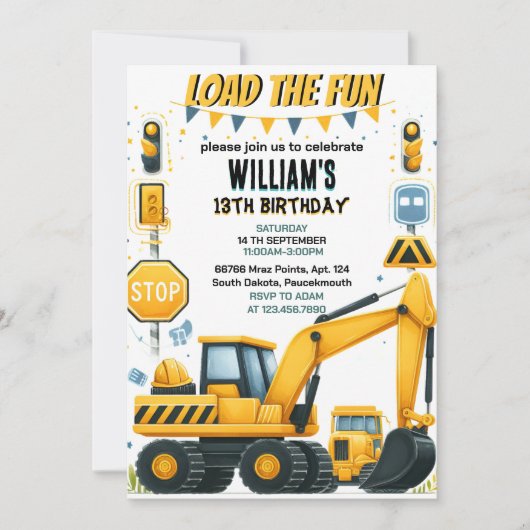 友達の男の子シンプル建築トラック5th誕生日 招待状 (正面)