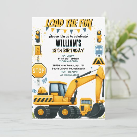 友達の男の子シンプル建築トラック5th誕生日 招待状 (スタンド正面)