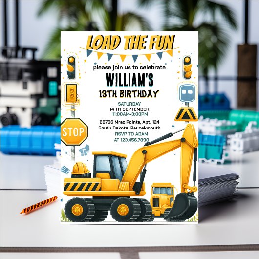 友達の男の子シンプル建築トラック5th誕生日 招待状